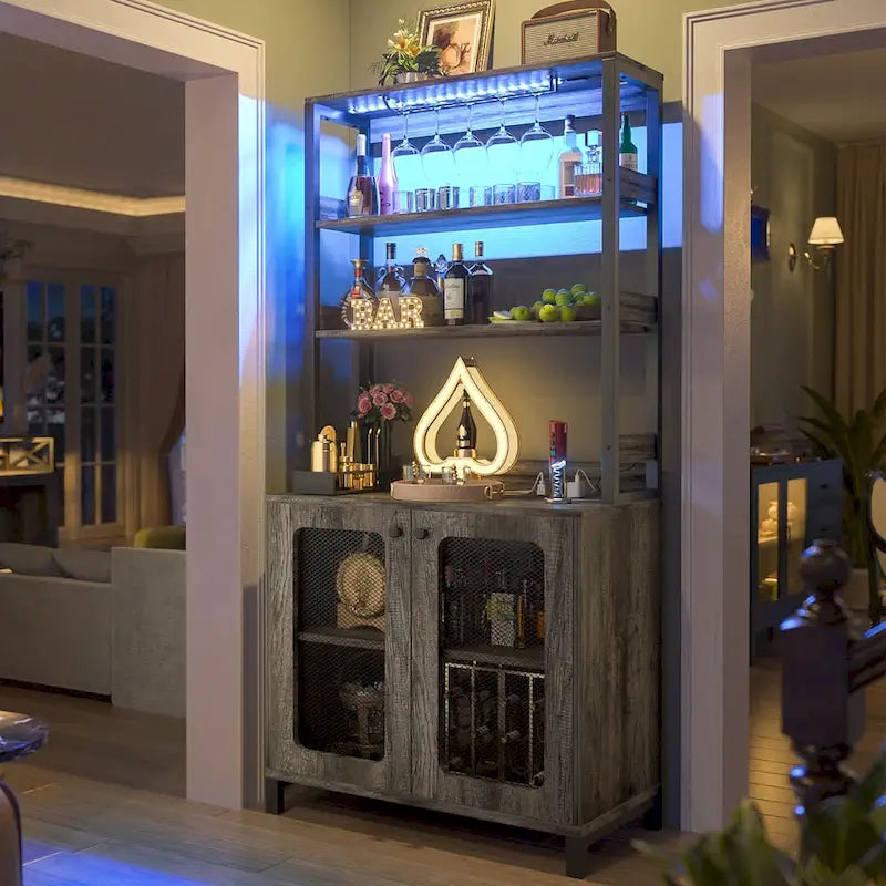67 mobile bar alto per vino, mobile per liquori con luci a LED, portabicchieri, prese di corrente, espositore angolare per utensili a 5 ripiani