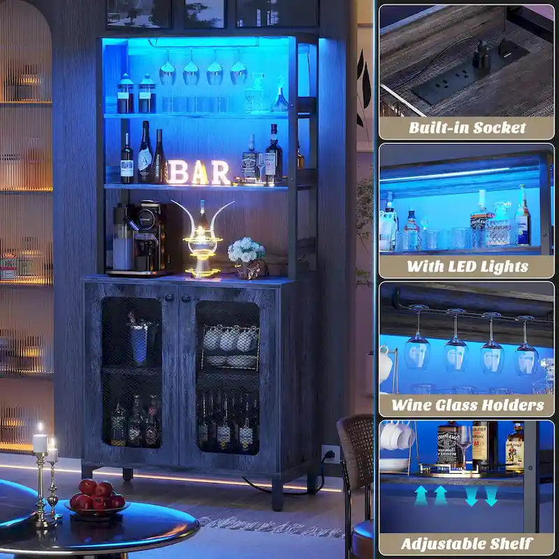 67 mobile bar alto per vino, mobile per liquori con luci a LED, portabicchieri, prese di corrente, espositore angolare per utensili a 5 ripiani