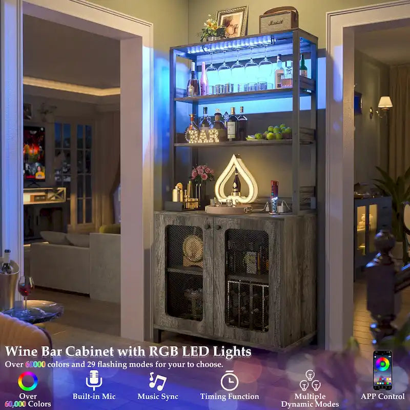 67 mobile bar alto per vino, mobile per liquori con luci a LED, portabicchieri, prese di corrente, espositore angolare per utensili a 5 ripiani