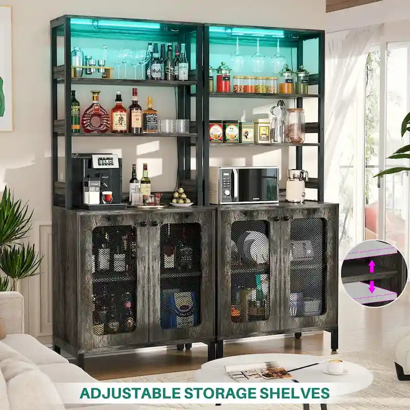 67 mobile bar alto per vino, mobile per liquori con luci a LED, portabicchieri, prese di corrente, espositore angolare per utensili a 5 ripiani