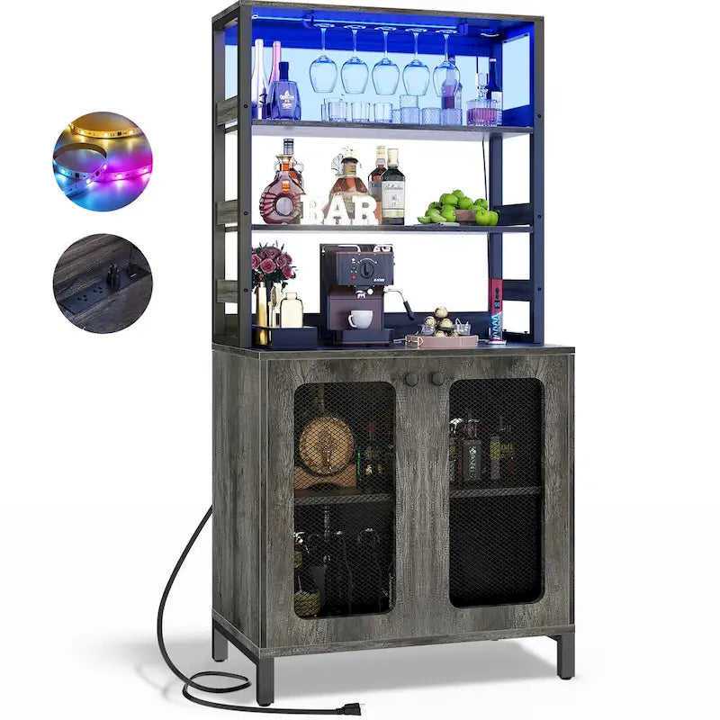 67 mobile bar alto per vino, mobile per liquori con luci a LED, portabicchieri, prese di corrente, espositore angolare per utensili a 5 ripiani