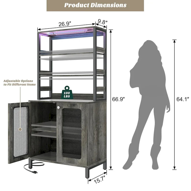 67 mobile bar alto per vino, mobile per liquori con luci a LED, portabicchieri, prese di corrente, espositore angolare per utensili a 5 ripiani