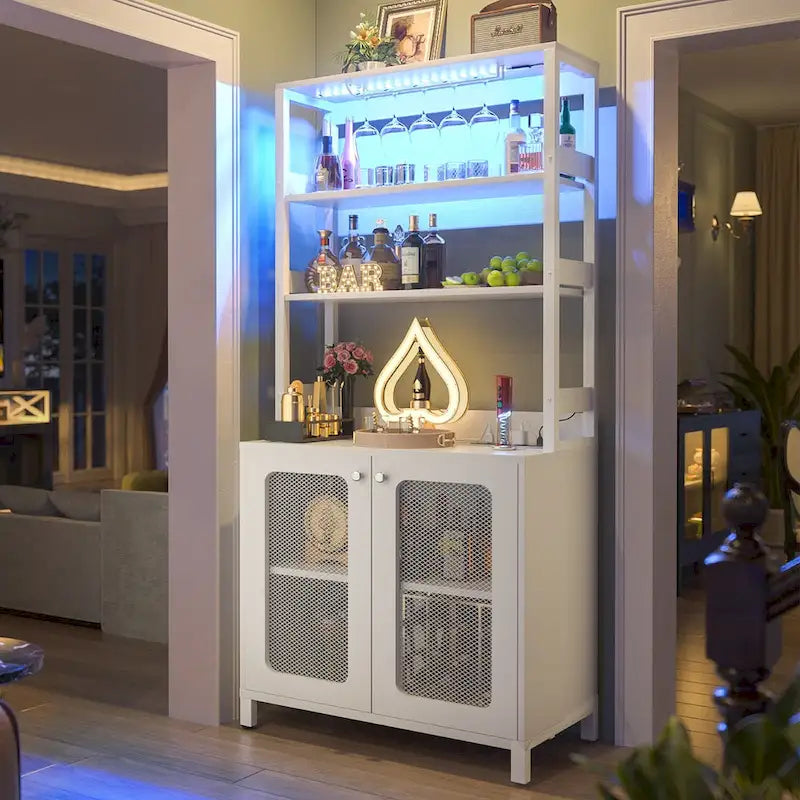 67 mobile bar alto per vino, mobile per liquori con luci a LED, portabicchieri, prese di corrente, espositore angolare per utensili a 5 ripiani