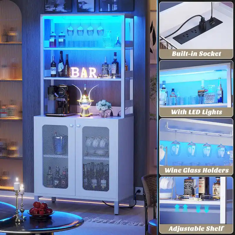 67 mobile bar alto per vino, mobile per liquori con luci a LED, portabicchieri, prese di corrente, espositore angolare per utensili a 5 ripiani