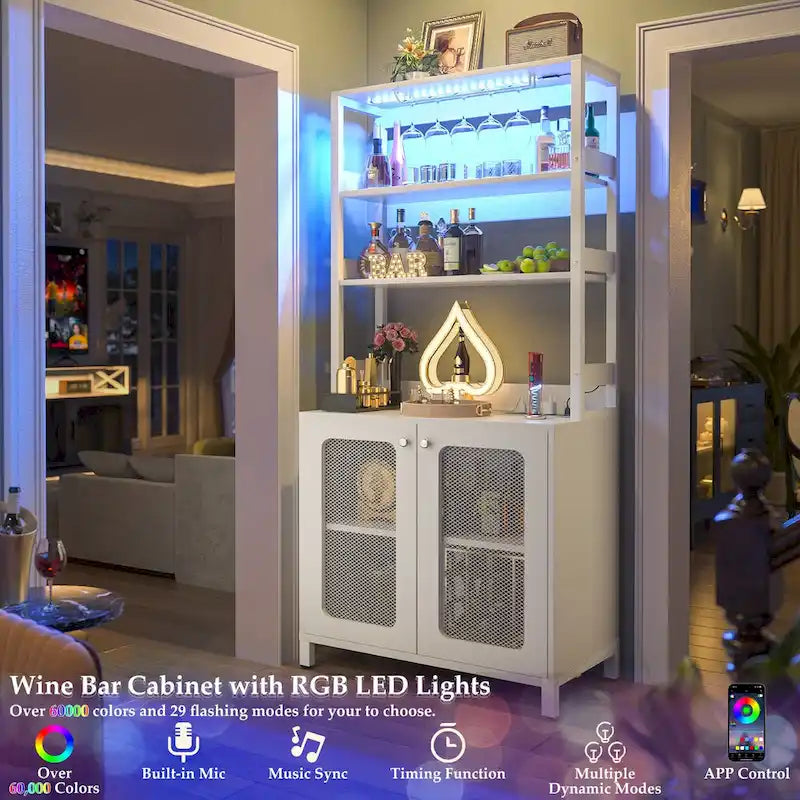 67 mobile bar alto per vino, mobile per liquori con luci a LED, portabicchieri, prese di corrente, espositore angolare per utensili a 5 ripiani