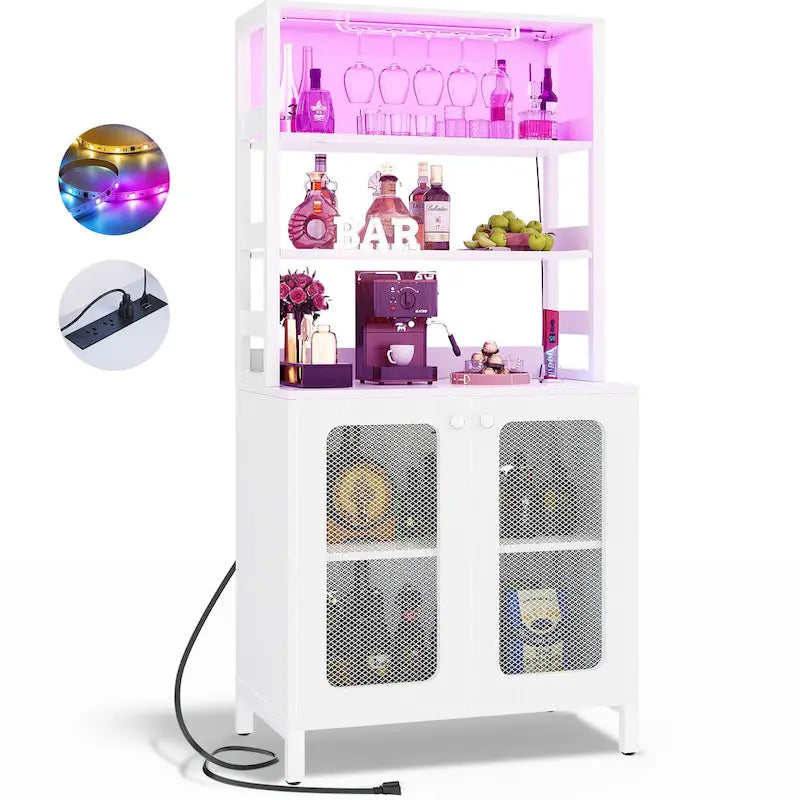 67 mobile bar alto per vino, mobile per liquori con luci a LED, portabicchieri, prese di corrente, espositore angolare per utensili a 5 ripiani