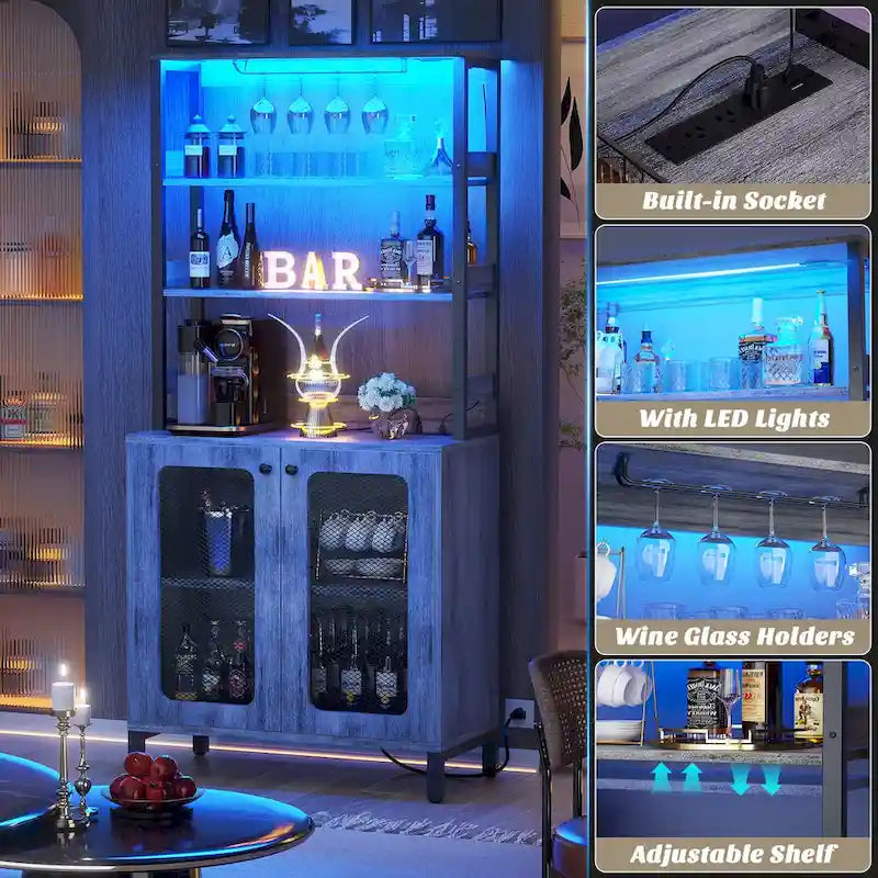 67 mobile bar alto per vino, mobile per liquori con luci a LED, portabicchieri, prese di corrente, espositore angolare per utensili a 5 ripiani