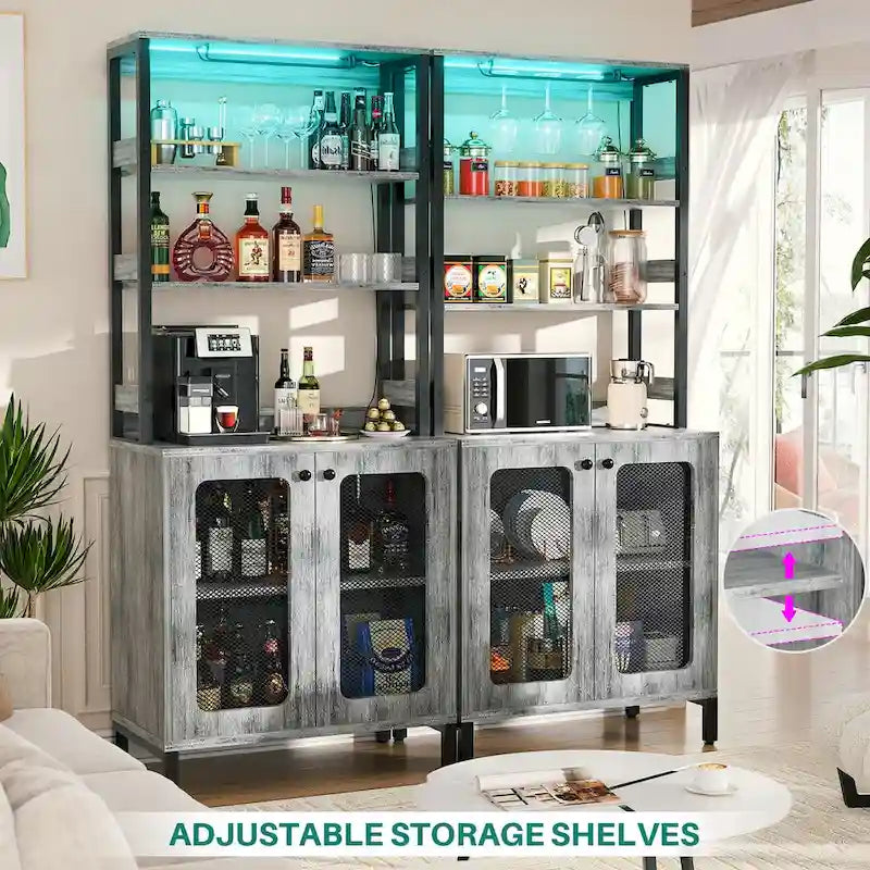 67 mobile bar alto per vino, mobile per liquori con luci a LED, portabicchieri, prese di corrente, espositore angolare per utensili a 5 ripiani