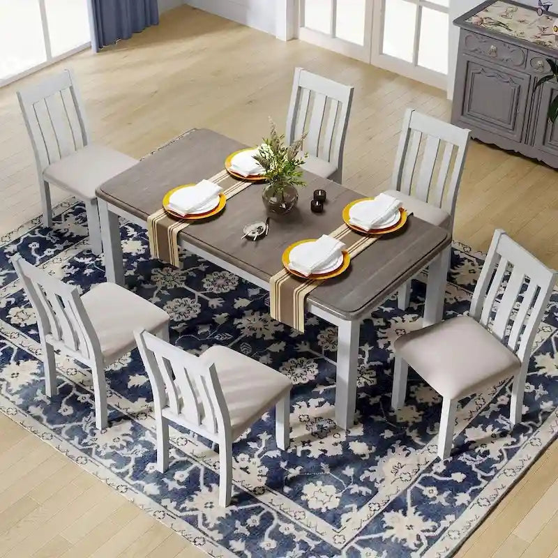 Ensemble de salle à manger 7 pièces de style rétro pour 6 personnes - Table extensible et 6 chaises rembourrées