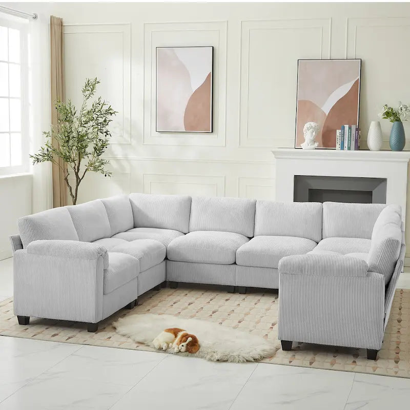 Divano sezionale angolare in velluto a coste con chaise longue, divano modulare a U simmetrico a 8 posti