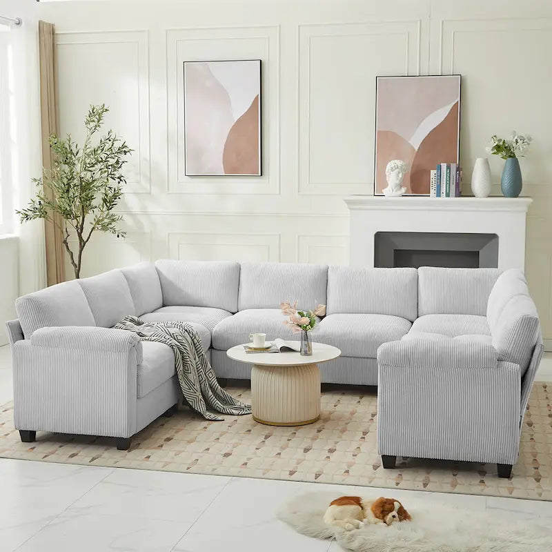 Divano sezionale angolare in velluto a coste con chaise longue, divano modulare a U simmetrico a 8 posti