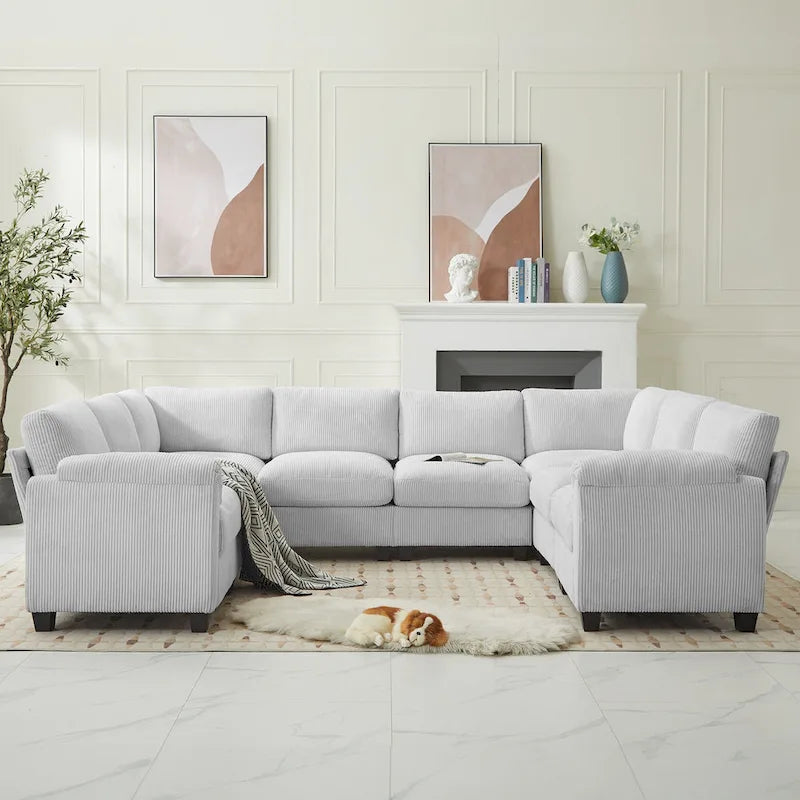 Divano sezionale angolare in velluto a coste con chaise longue, divano modulare a U simmetrico a 8 posti
