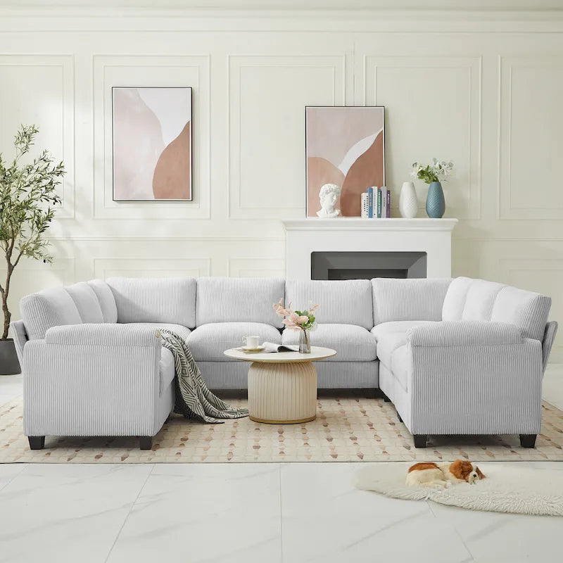 Divano sezionale angolare in velluto a coste con chaise longue, divano modulare a U simmetrico a 8 posti
