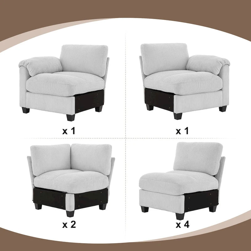 Divano sezionale angolare in velluto a coste con chaise longue, divano modulare a U simmetrico a 8 posti