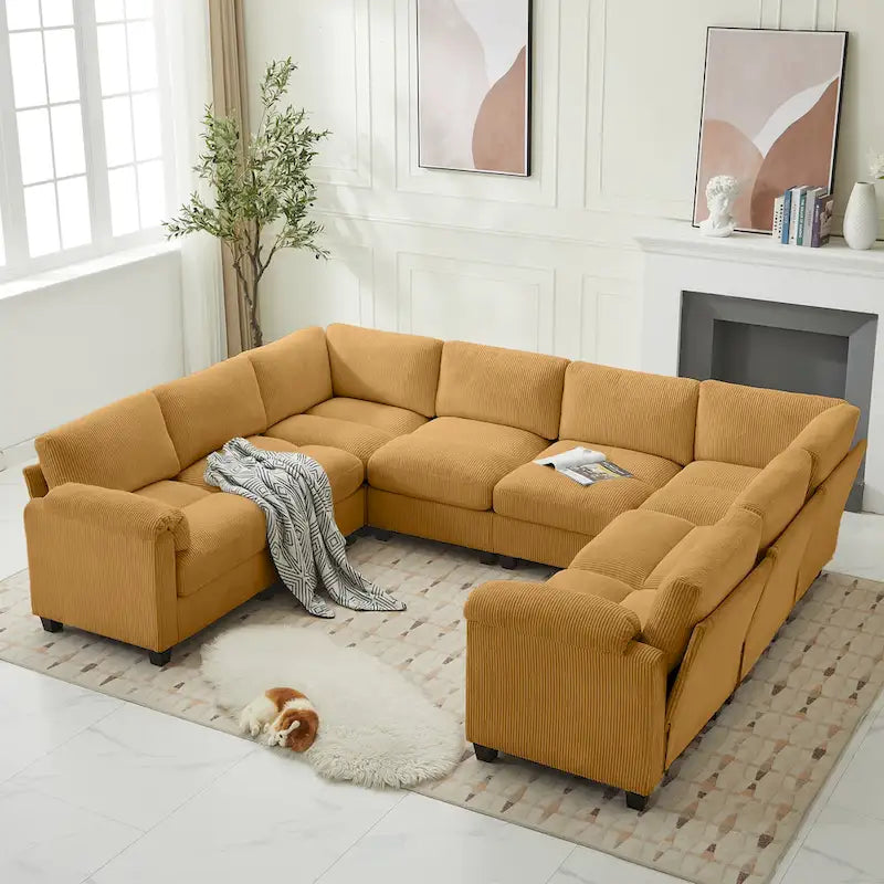 Divano sezionale angolare in velluto a coste con chaise longue, divano modulare a U simmetrico a 8 posti