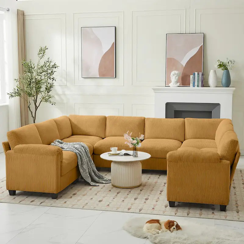 Divano sezionale angolare in velluto a coste con chaise longue, divano modulare a U simmetrico a 8 posti