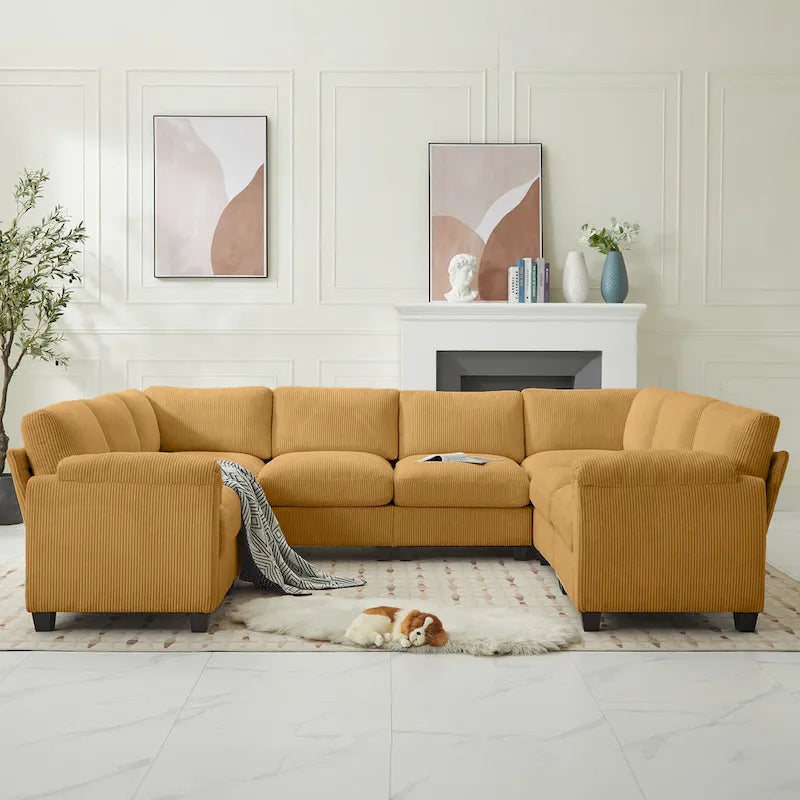 Divano sezionale angolare in velluto a coste con chaise longue, divano modulare a U simmetrico a 8 posti