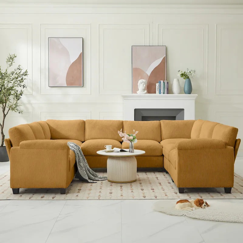 Divano sezionale angolare in velluto a coste con chaise longue, divano modulare a U simmetrico a 8 posti
