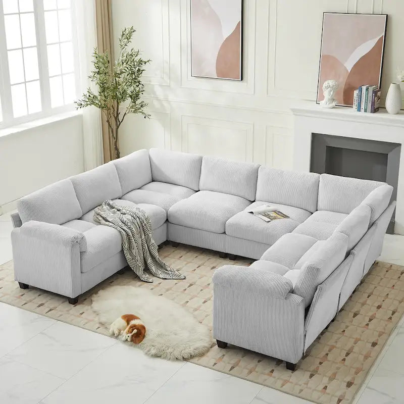 Divano sezionale angolare in velluto a coste con chaise longue, divano modulare a U simmetrico a 8 posti
