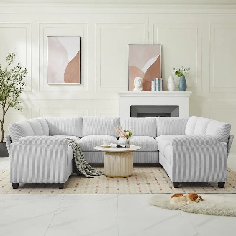 Divano sezionale angolare in velluto a coste con chaise longue, divano modulare a U simmetrico a 8 posti