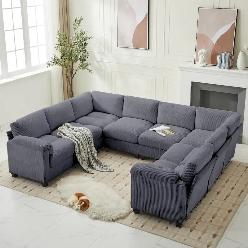 Divano sezionale angolare in velluto a coste con chaise longue, divano modulare a U simmetrico a 8 posti