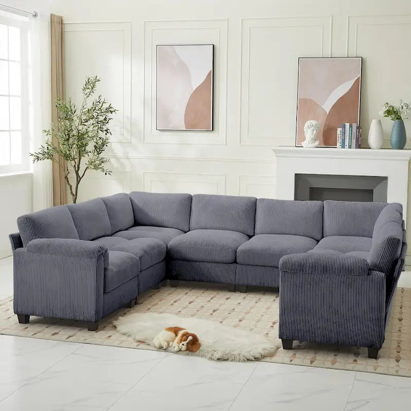 Divano sezionale angolare in velluto a coste con chaise longue, divano modulare a U simmetrico a 8 posti