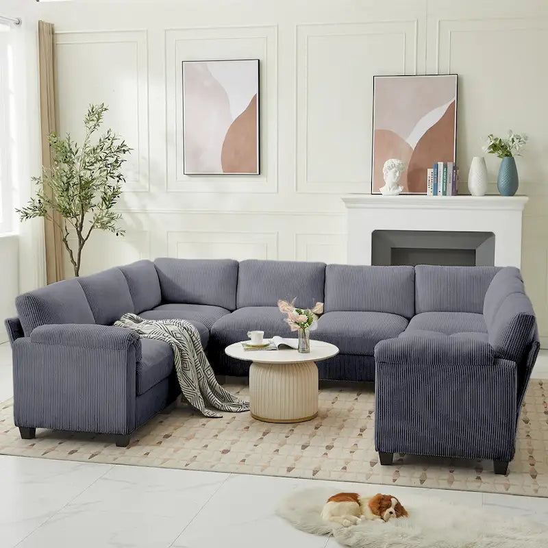 Divano sezionale angolare in velluto a coste con chaise longue, divano modulare a U simmetrico a 8 posti
