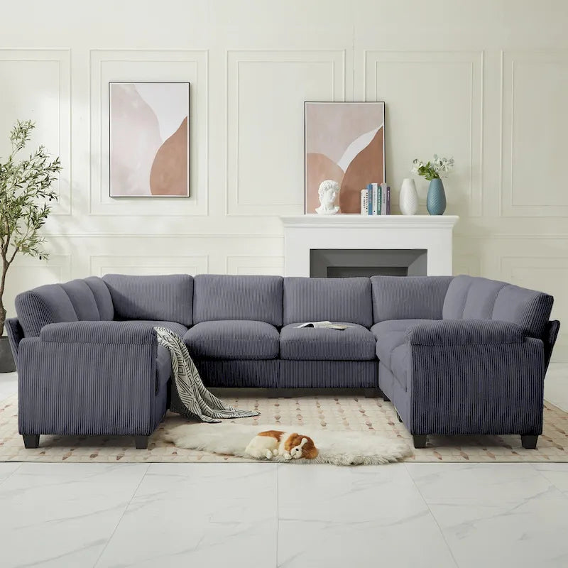 Divano sezionale angolare in velluto a coste con chaise longue, divano modulare a U simmetrico a 8 posti