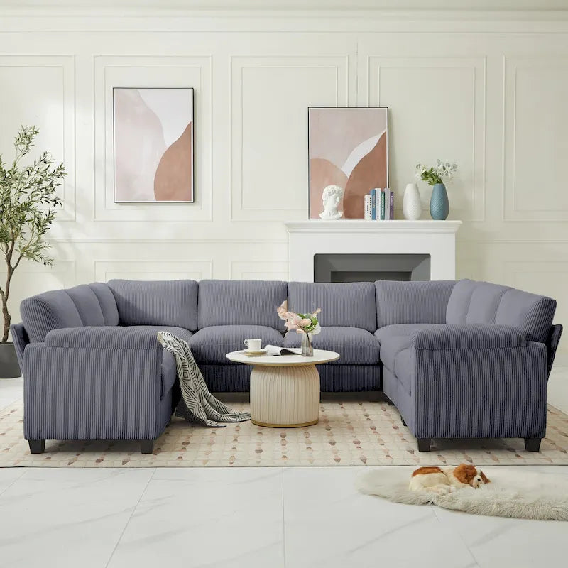 Divano sezionale angolare in velluto a coste con chaise longue, divano modulare a U simmetrico a 8 posti