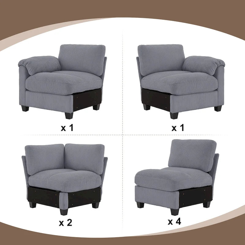 Divano sezionale angolare in velluto a coste con chaise longue, divano modulare a U simmetrico a 8 posti