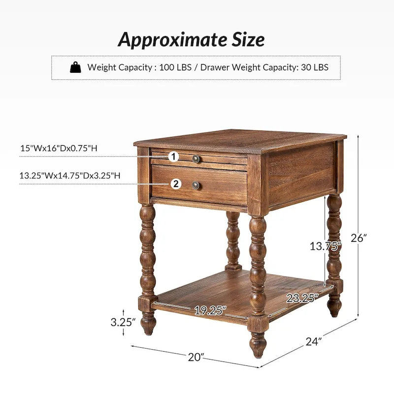 Tavolino finale Eric Traditional 26 Tall Solid Wood con USB di HULALA HOME