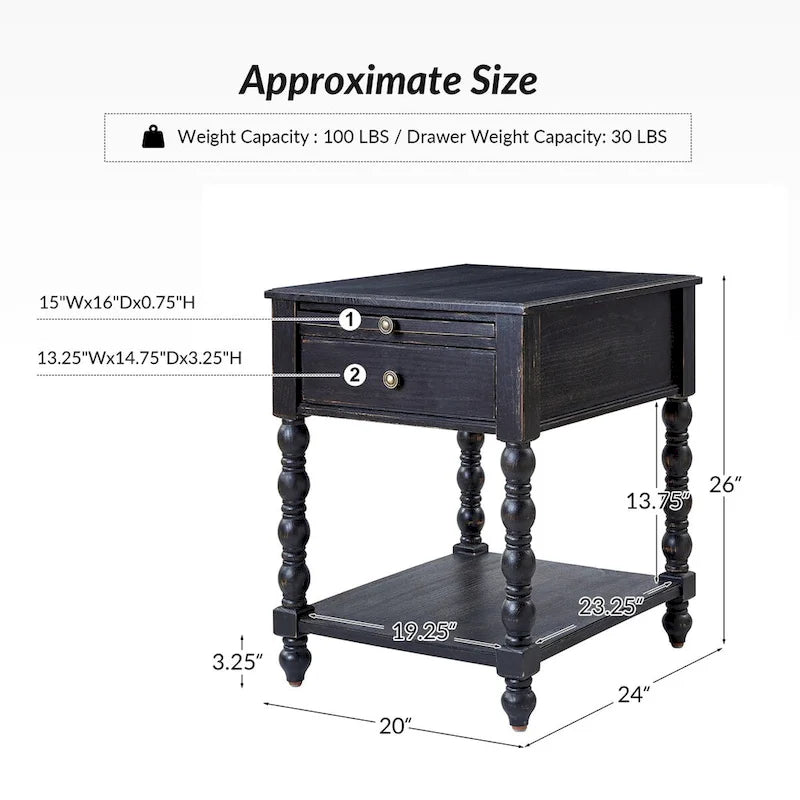 Tavolino finale Eric Traditional 26 Tall Solid Wood con USB di HULALA HOME