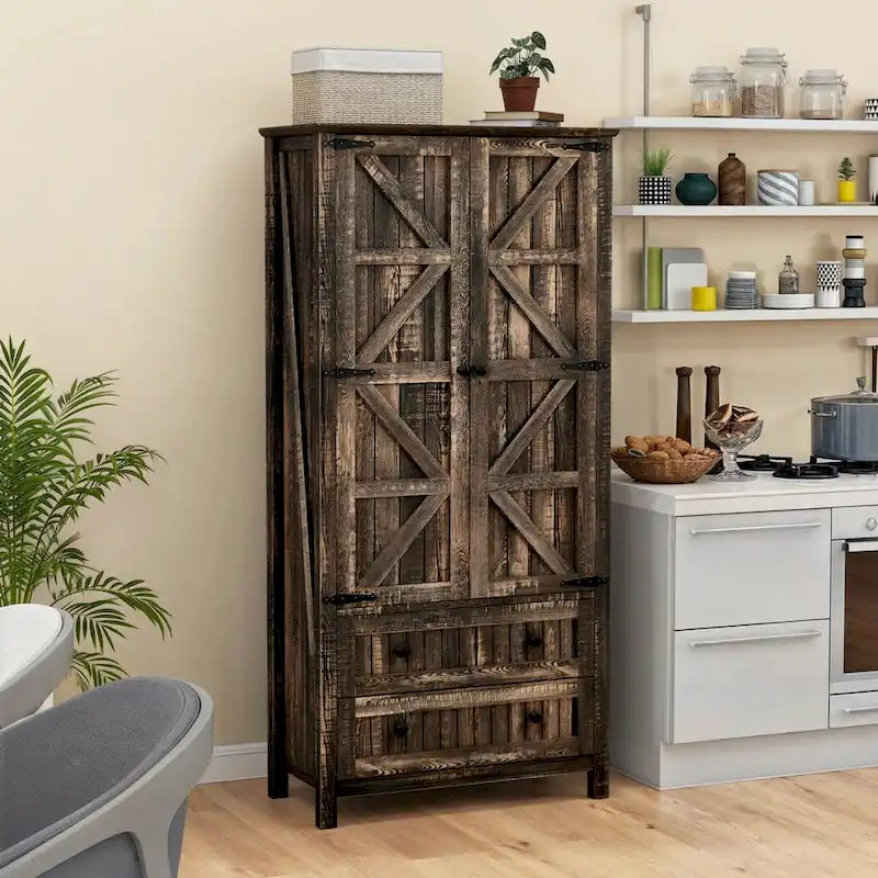 Dispensa da Cucina a Colonna Stile Rustico con 2 Cassetti e Ante, 162 cm