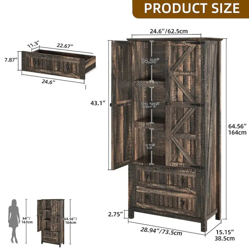 Dispensa da Cucina a Colonna Stile Rustico con 2 Cassetti e Ante, 162 cm