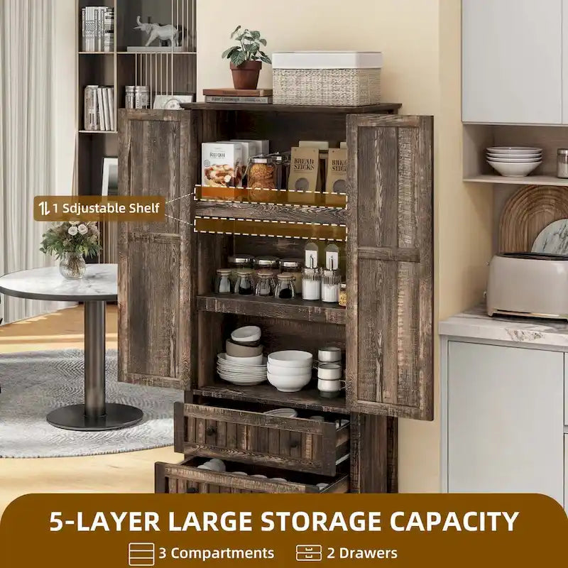 Dispensa da Cucina a Colonna Stile Rustico con 2 Cassetti e Ante, 162 cm