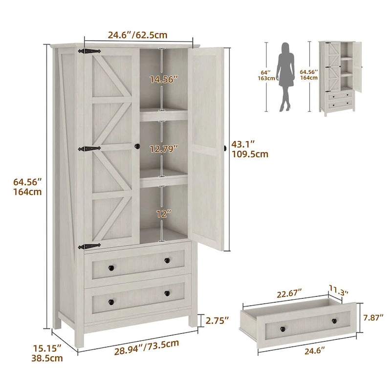 Dispensa da Cucina a Colonna Stile Rustico con 2 Cassetti e Ante, 162 cm