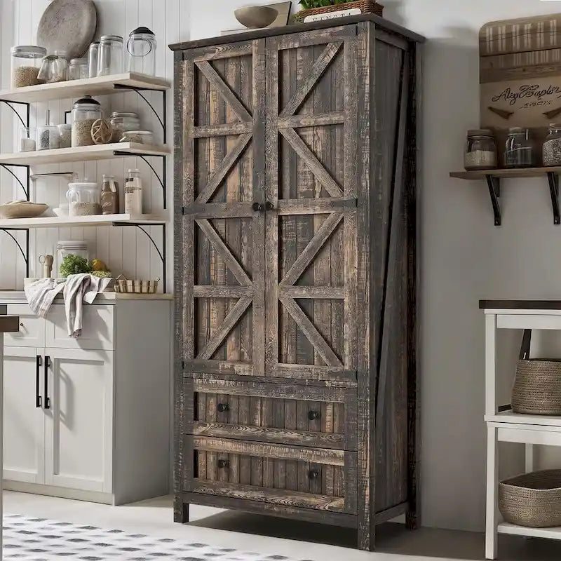 Dispensa da Cucina a Colonna Stile Rustico con 2 Cassetti e Ante, 162 cm
