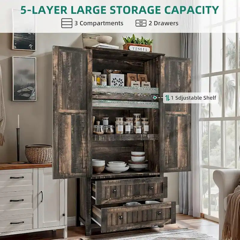 Dispensa da Cucina a Colonna Stile Rustico con 2 Cassetti e Ante, 162 cm
