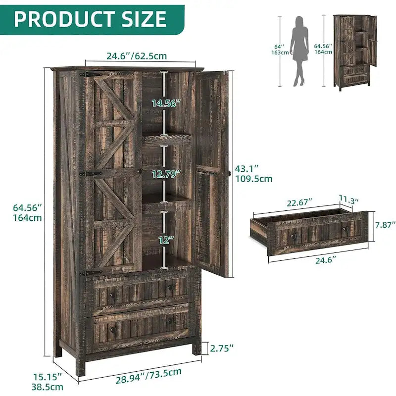 Dispensa da Cucina a Colonna Stile Rustico con 2 Cassetti e Ante, 162 cm