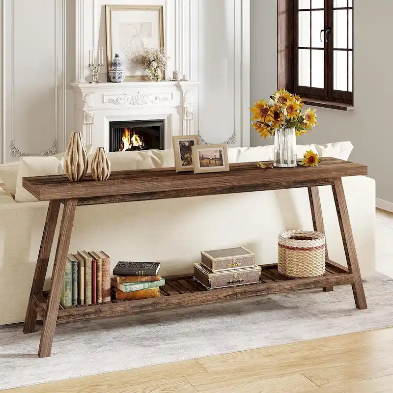Table console de ferme de 70,9 pouces à 2 niveaux, étroite et longue, à placer derrière le canapé