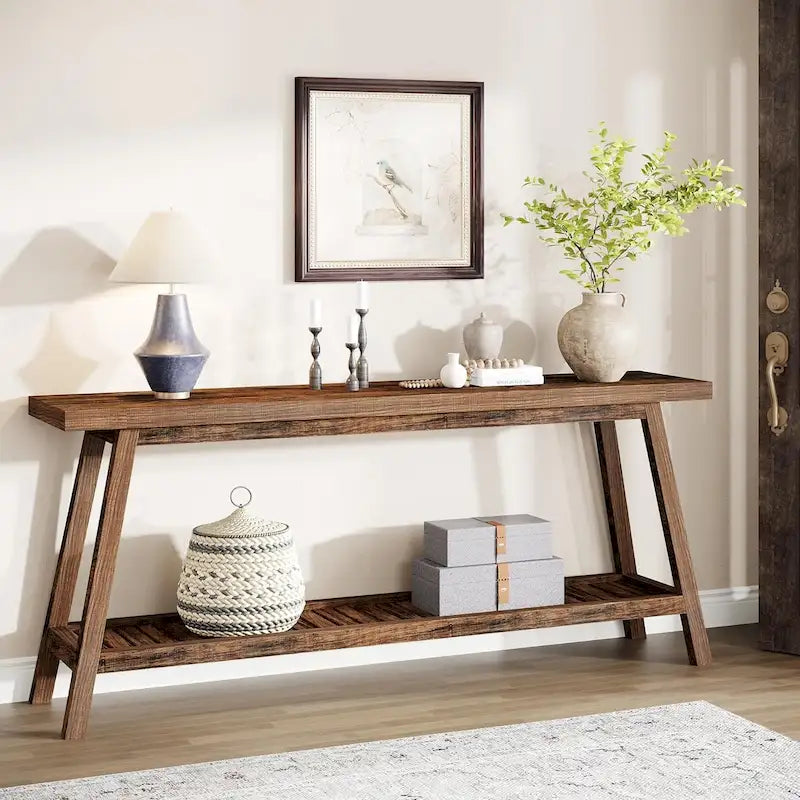 Table console de ferme de 70,9 pouces à 2 niveaux, étroite et longue, à placer derrière le canapé