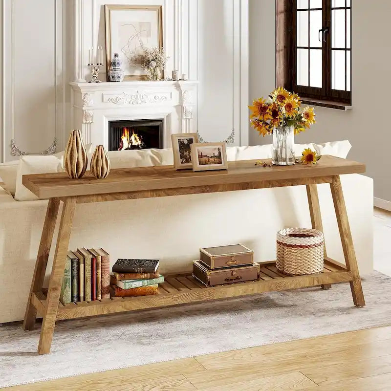 Table console de ferme de 70,9 pouces à 2 niveaux, étroite et longue, à placer derrière le canapé