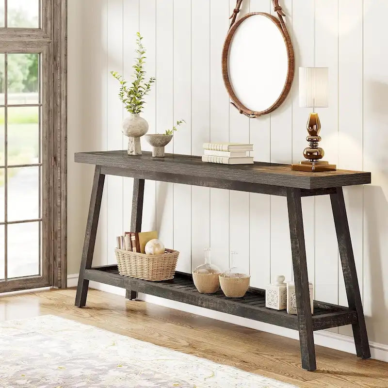 Table console de ferme de 70,9 pouces à 2 niveaux, étroite et longue, à placer derrière le canapé