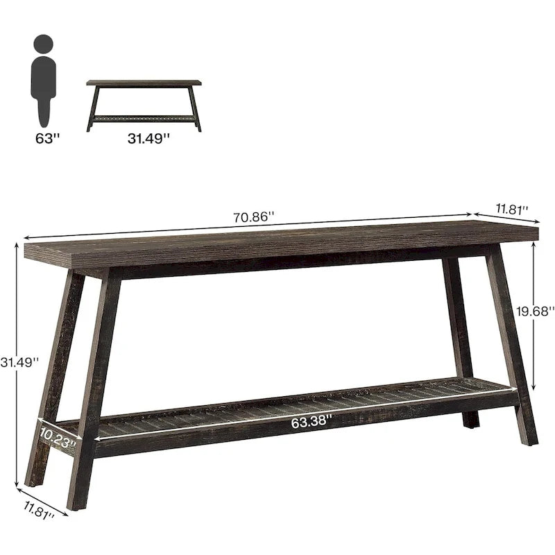 Table console de ferme de 70,9 pouces à 2 niveaux, étroite et longue, à placer derrière le canapé
