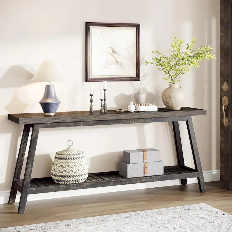 Table console de ferme de 70,9 pouces à 2 niveaux, étroite et longue, à placer derrière le canapé