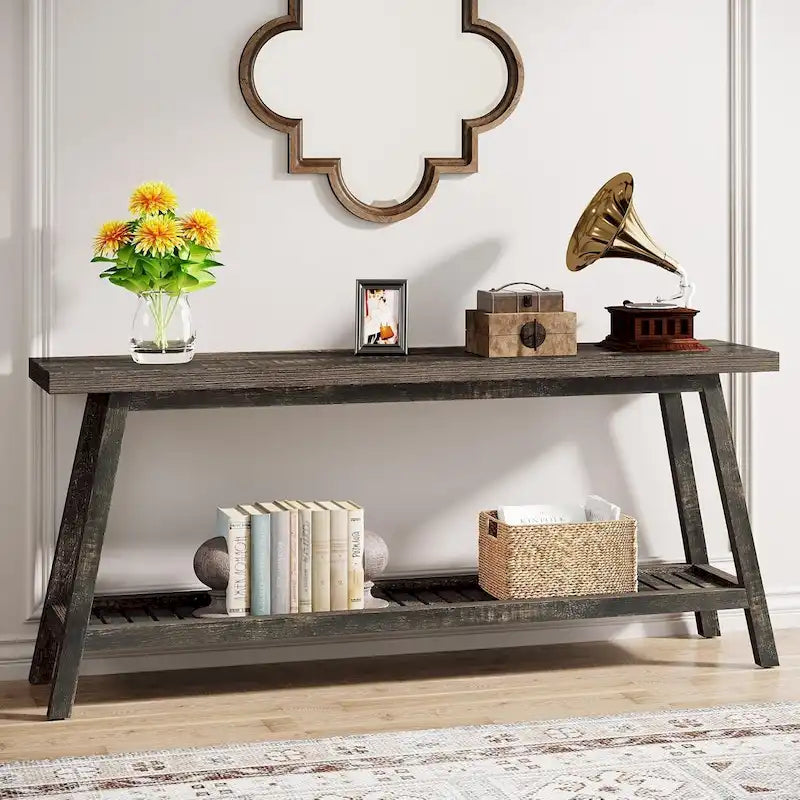 Table console de ferme de 70,9 pouces à 2 niveaux, étroite et longue, à placer derrière le canapé