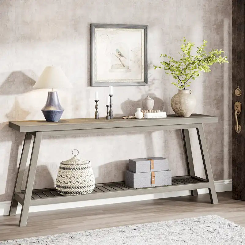 Table console de ferme de 70,9 pouces à 2 niveaux, étroite et longue, à placer derrière le canapé