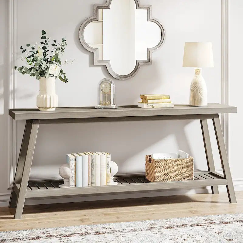 Table console de ferme de 70,9 pouces à 2 niveaux, étroite et longue, à placer derrière le canapé