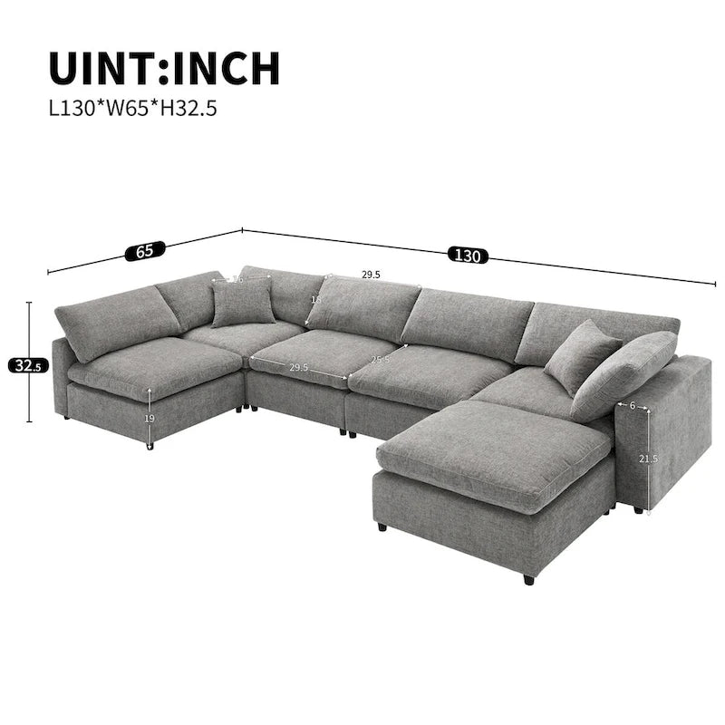 Divano letto componibile a U in ciniglia con pouf