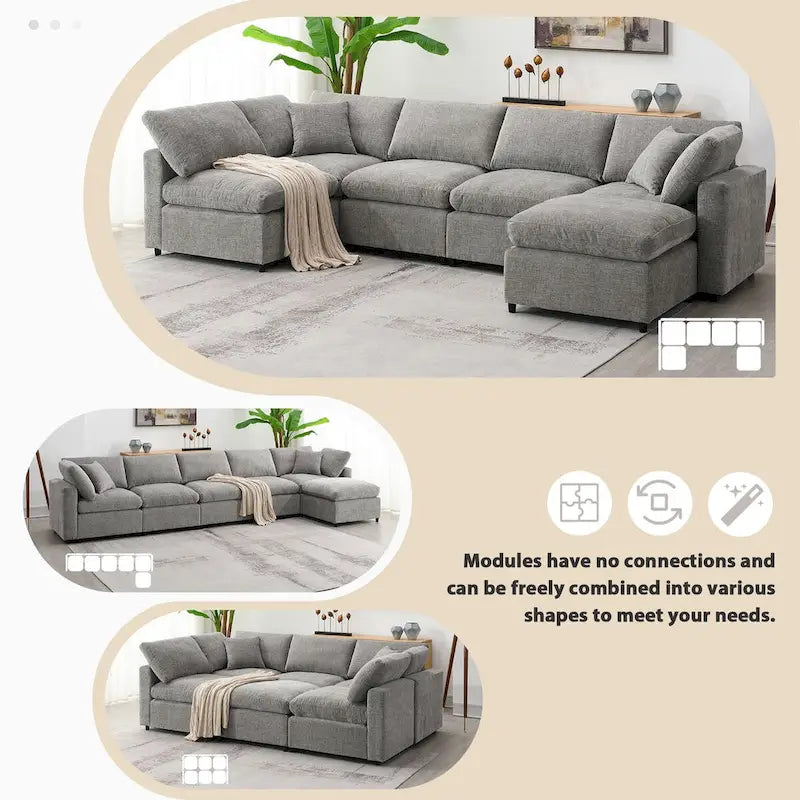 Divano letto componibile a U in ciniglia con pouf